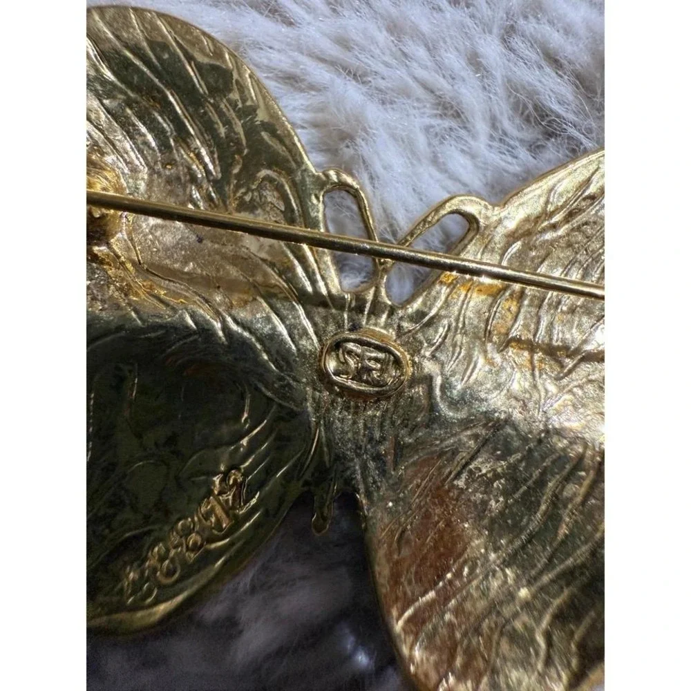 Vintage SFJ Signed Gold Tone Enamel Butterfly Brooch Pin‎ Green Blue Wings